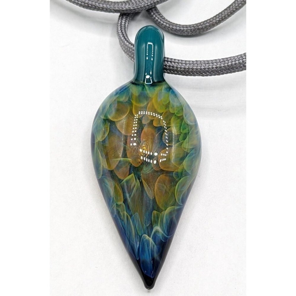 Artisan Signed Blown Art Glass Psychedelic Trippy Large Pendant Cord Necklace